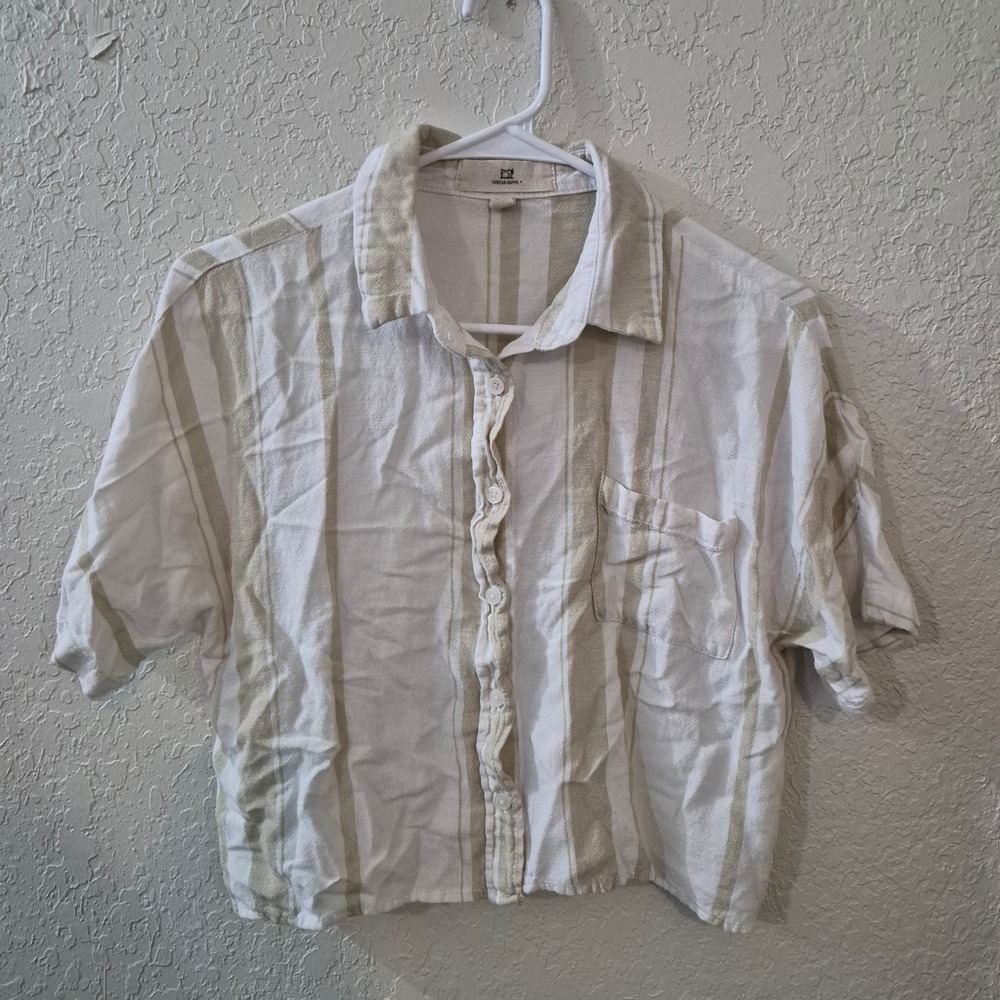Thread & Supply Striped Linen Blend Button Up Shirt M Beige Coastal Boho